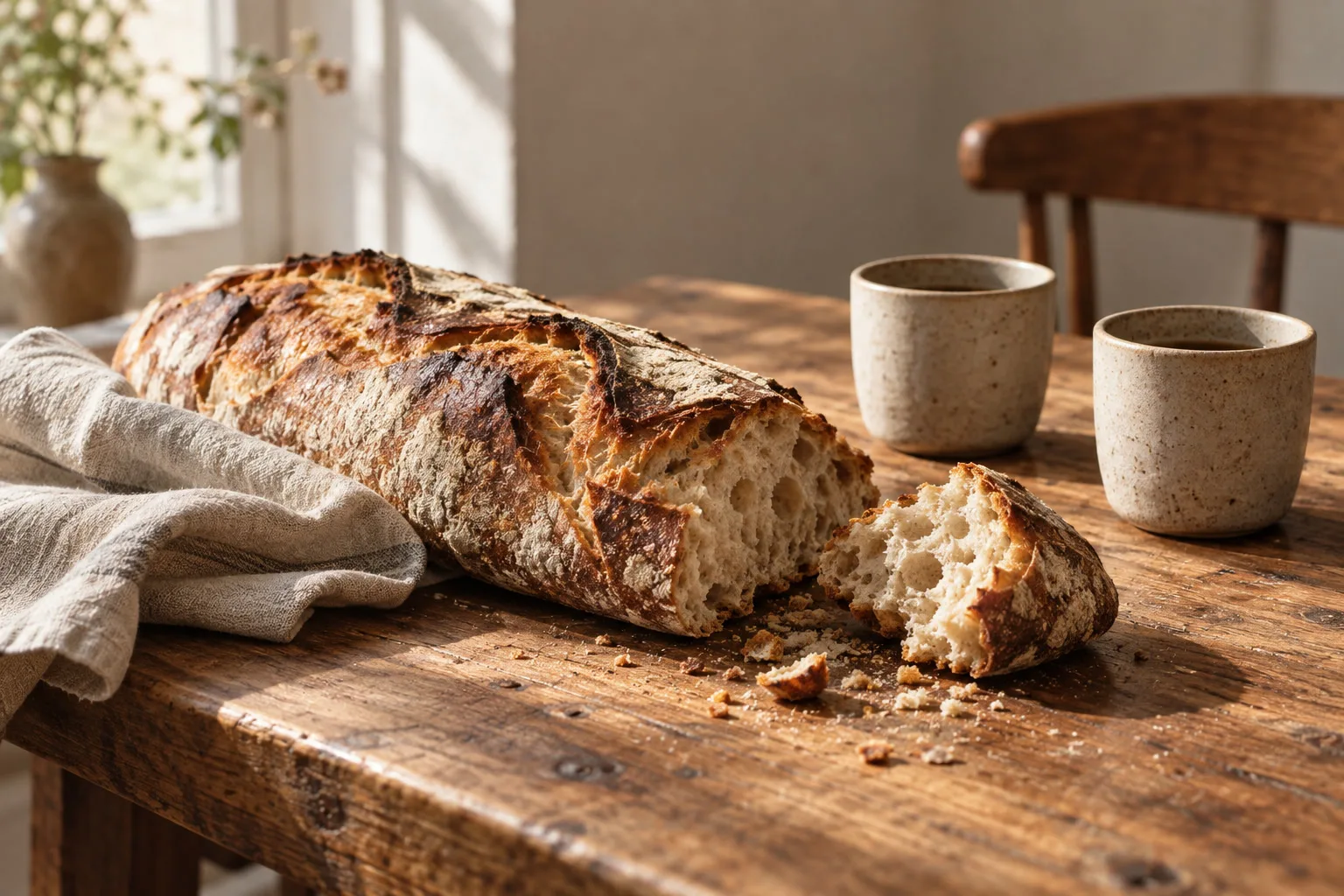 Pão rústico aberto sobre mesa de madeira ao lado de duas xícaras